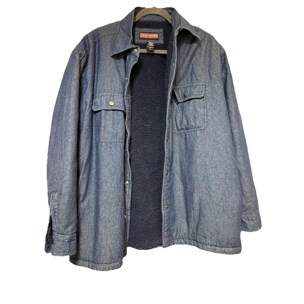 Craftsman Mens L Cotton Denim Shirt Jacket Sherpa Fleece Lined Blue Work Shacke